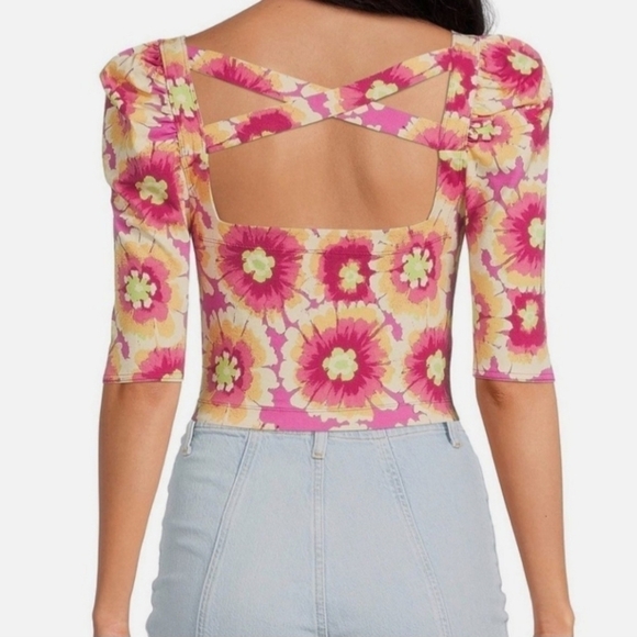 Free People Give Me More Pink Multi Floral Half Sleeve Crop Top Pop Combo Medium - Picture 4 of 14